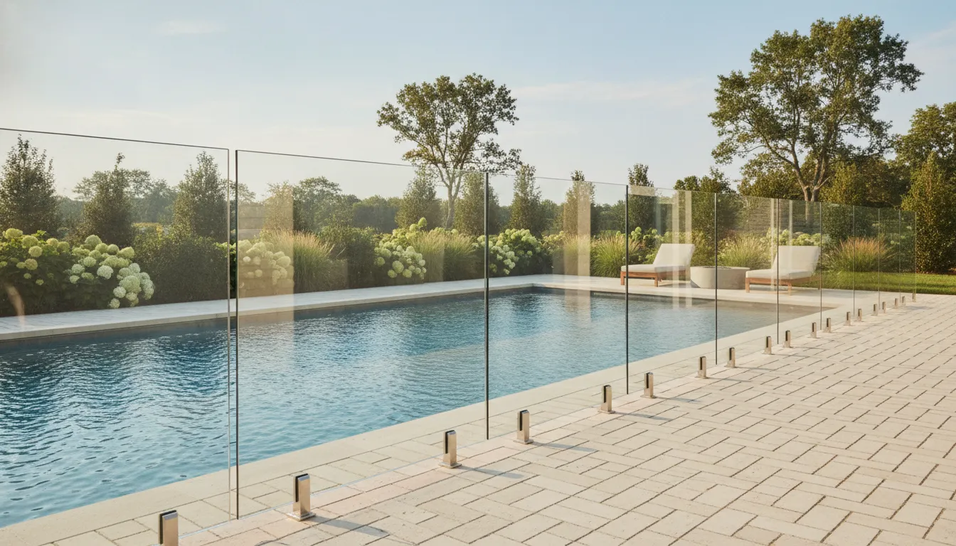 Glass pool fence meeting a light paver deck and landscaped border