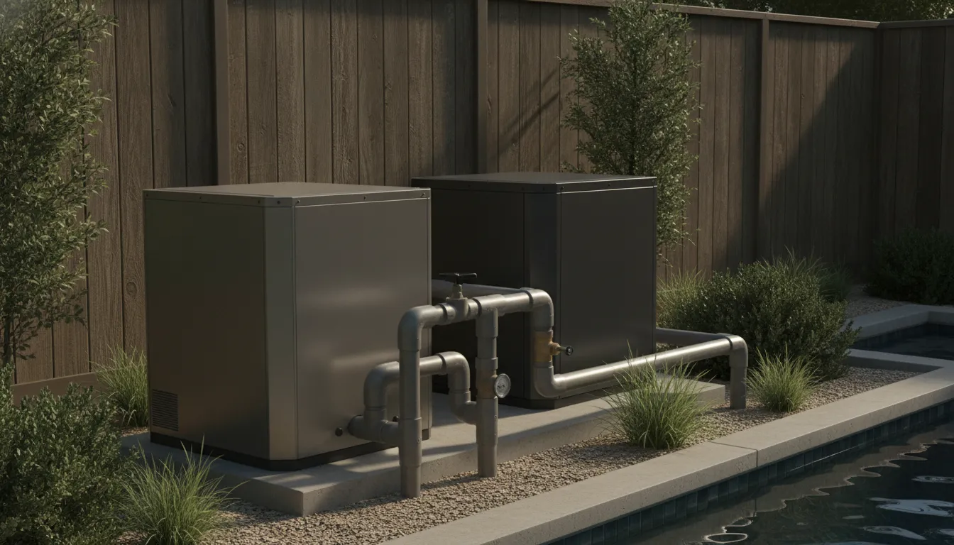 Organized pool heater equipment beside a residential swimming pool