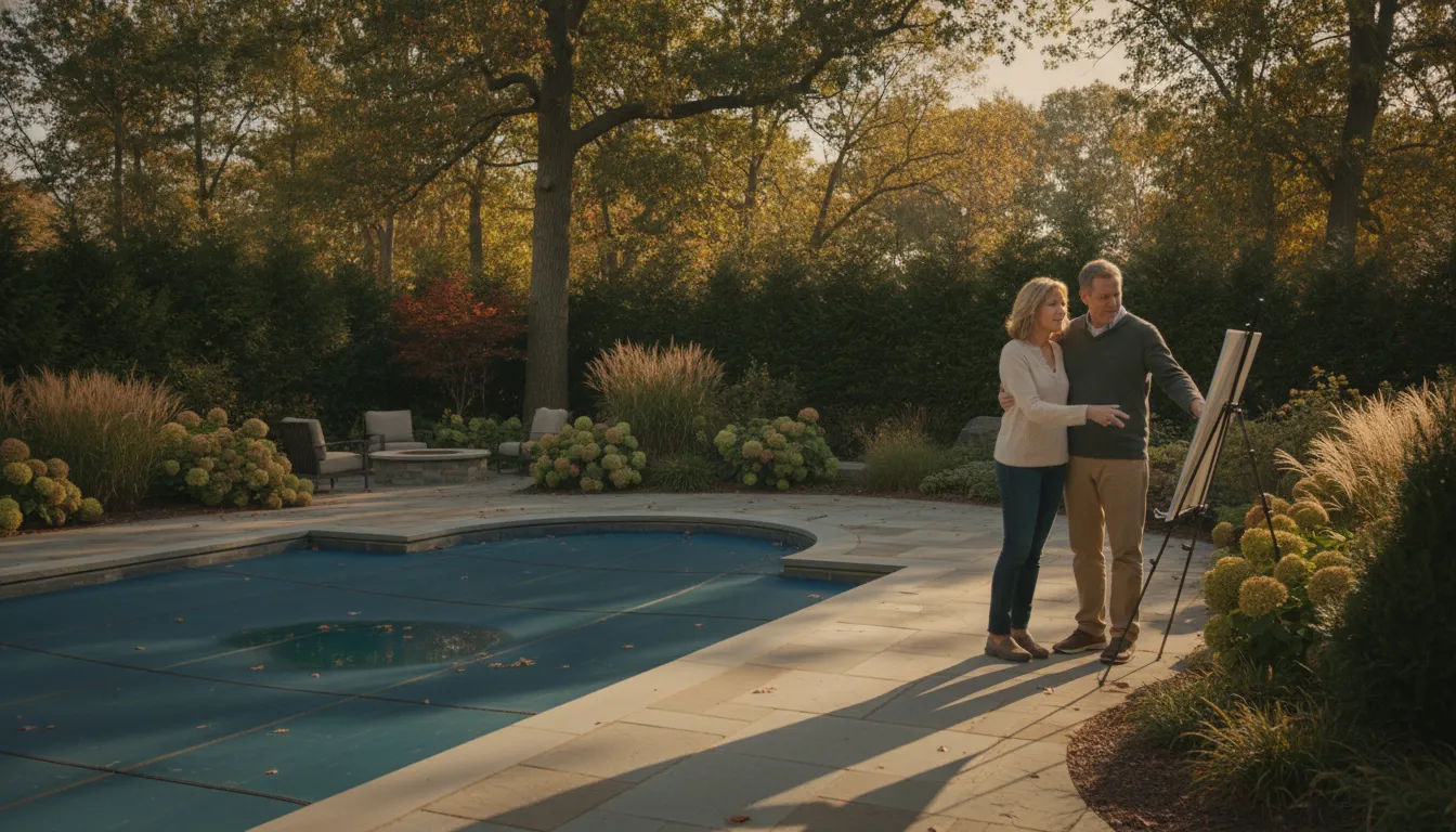 Homeowner planning a heated backyard swimming pool with a designer