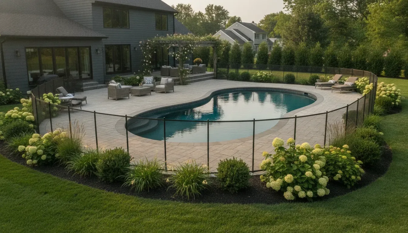 Completed Long Island pool with natural stone coping and outdoor deck