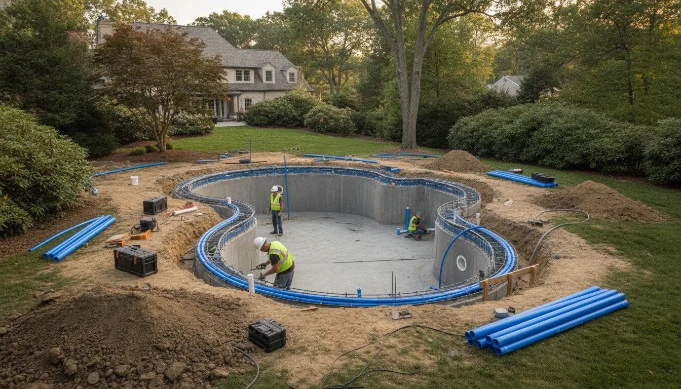 Pool plumbing and electrical work during Long Island construction