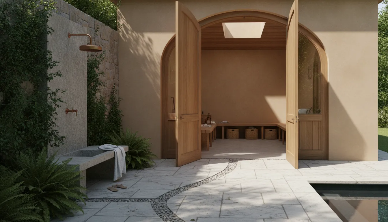 Pool house changing area opening to a stone pool terrace