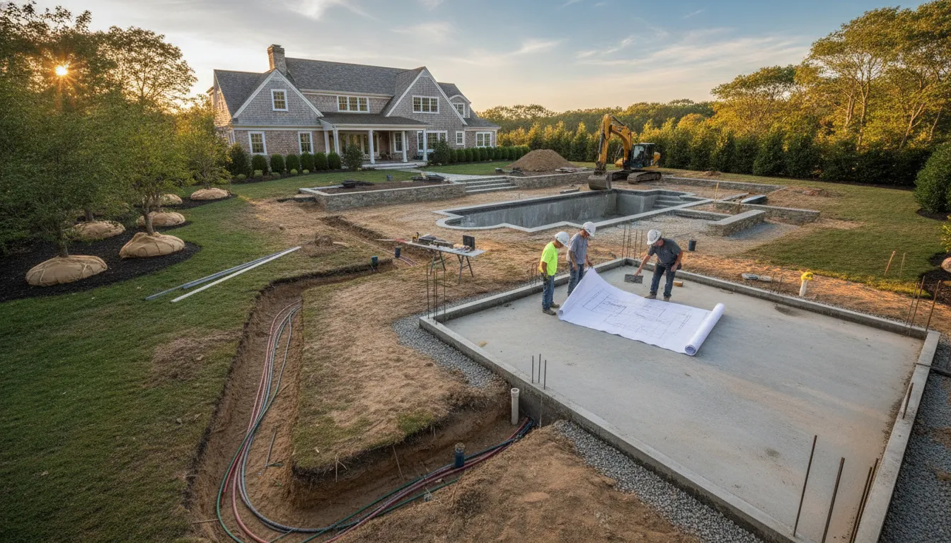 Pool house site planning beside a Long Island swimming pool