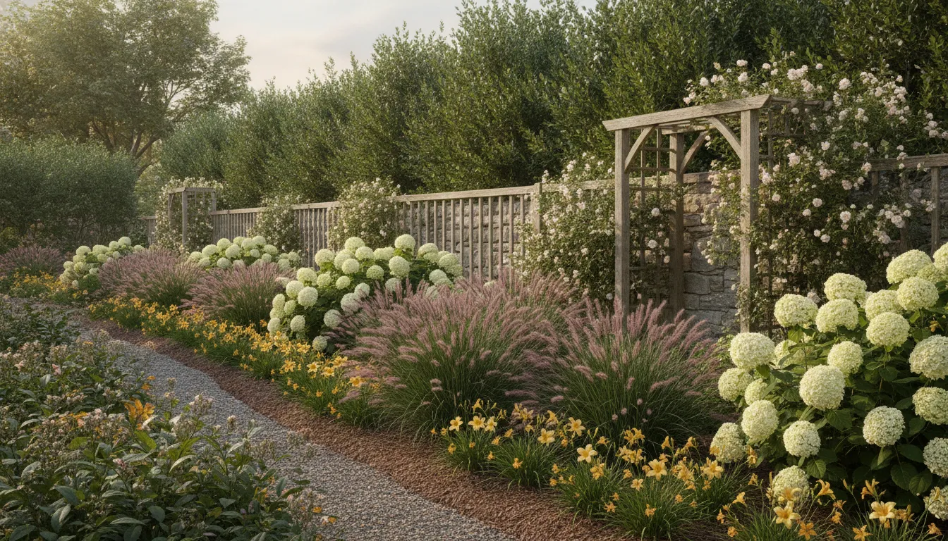 Layered shrubs and trellis used for backyard privacy