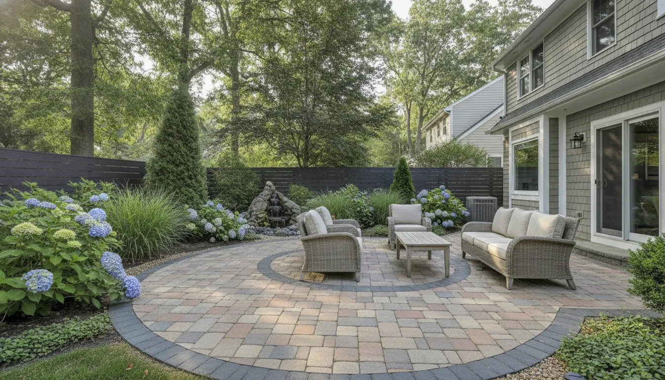 Paver patio framed by mixed privacy plantings