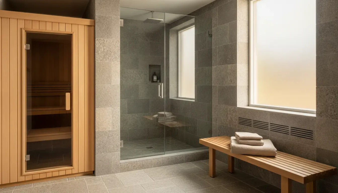 Indoor sauna and steam room placement in a home wellness area