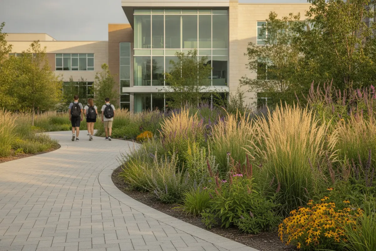 School planting beds and a rain garden beside a pedestrian path