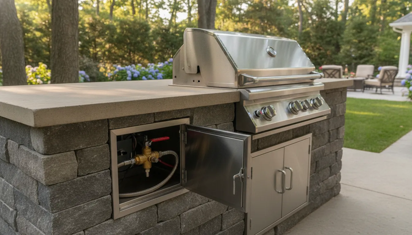 Brass shutoff valve inside an open access door beside a built-in outdoor grill