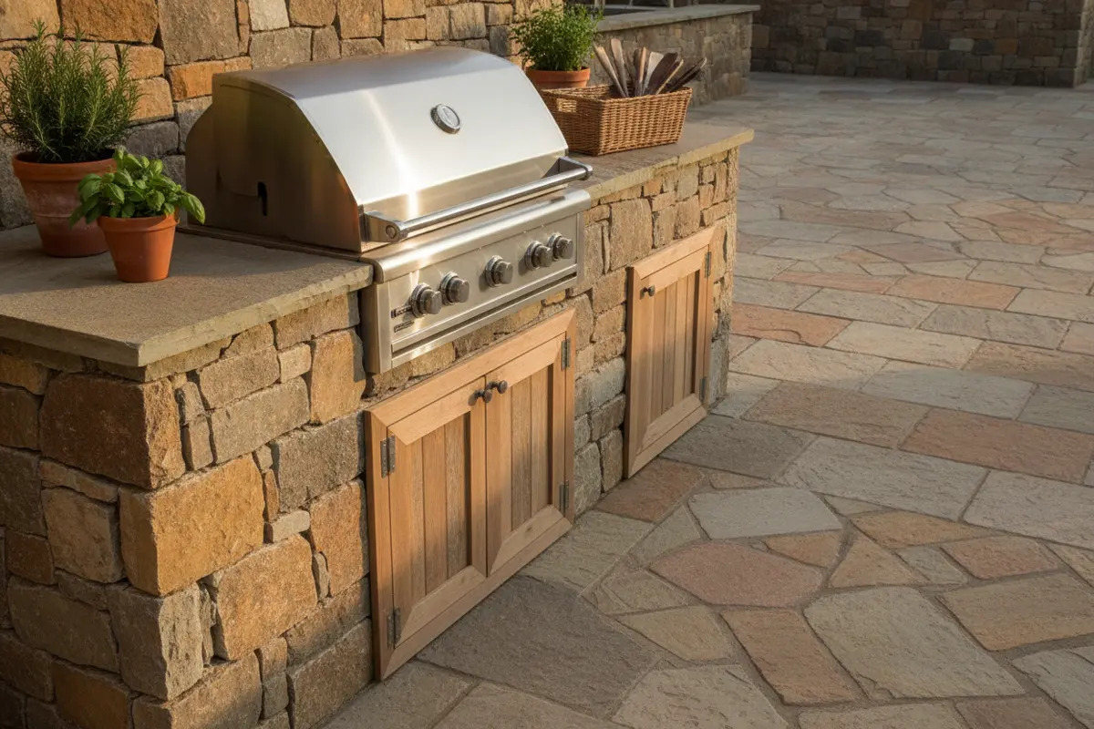 Stone outdoor kitchen counter beside a stainless steel grill