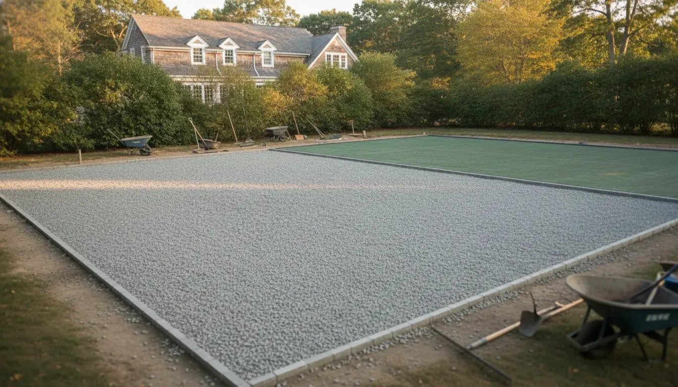 Tennis court site preparation with graded stone base in a Long Island backyard