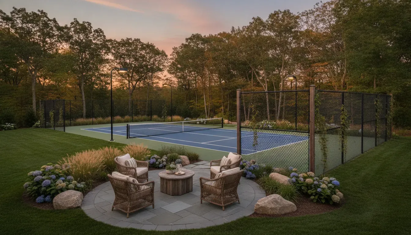 Lighted residential tennis court with fencing and landscaped seating area