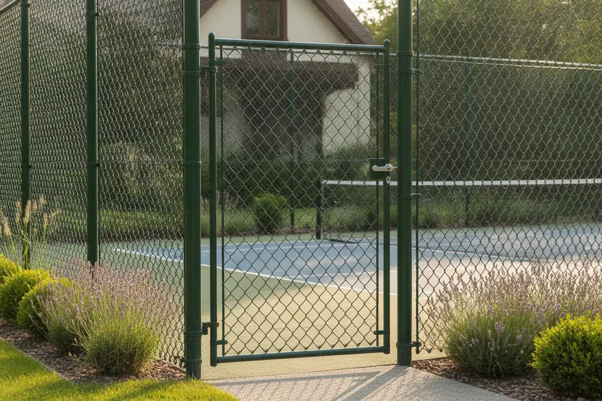 Tennis court gate and perimeter fence beside a landscaped yard