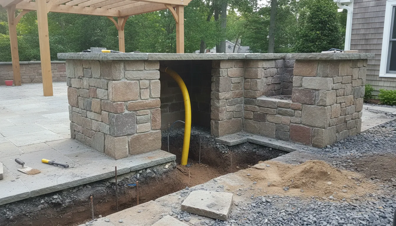 Open trench and yellow sleeve at a stone outdoor kitchen island before the patio is finished