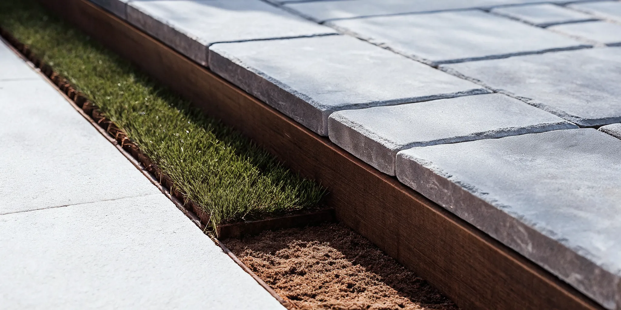 Professional artificial turf installation detail beside natural stone pavers