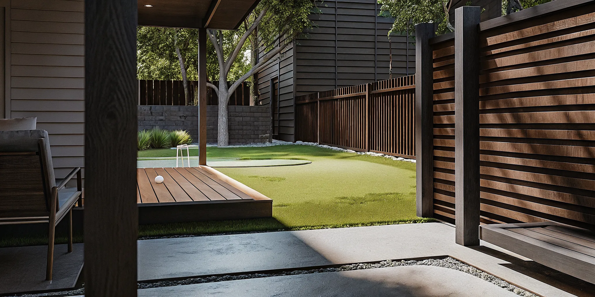 Different types of artificial turf arranged in a residential backyard with a lawn, pet area, and putting green