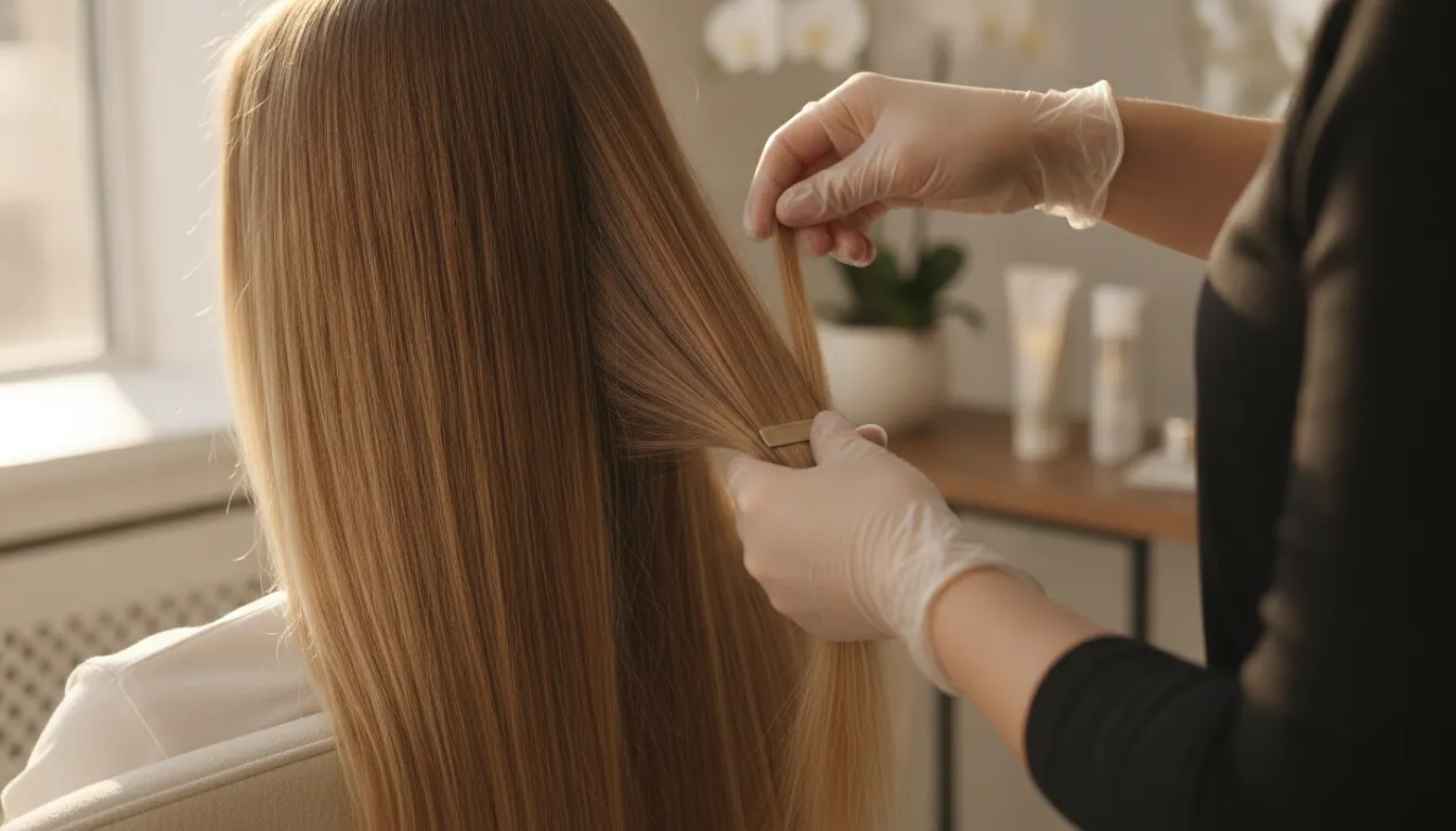 Professional hair extension color matching session at Boho Chic Beauty boutique salon in NJ