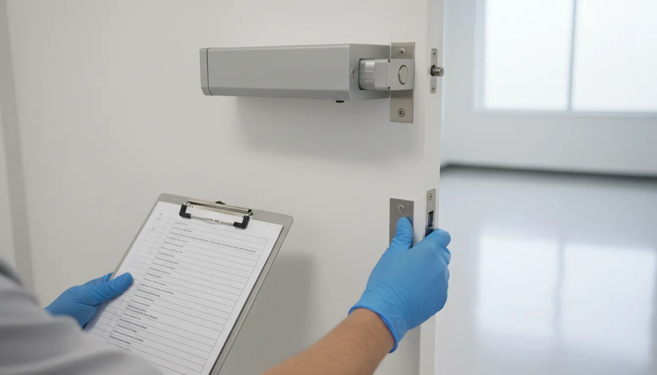 Technician checking the closer and latch during fire rated door maintenance NJ service