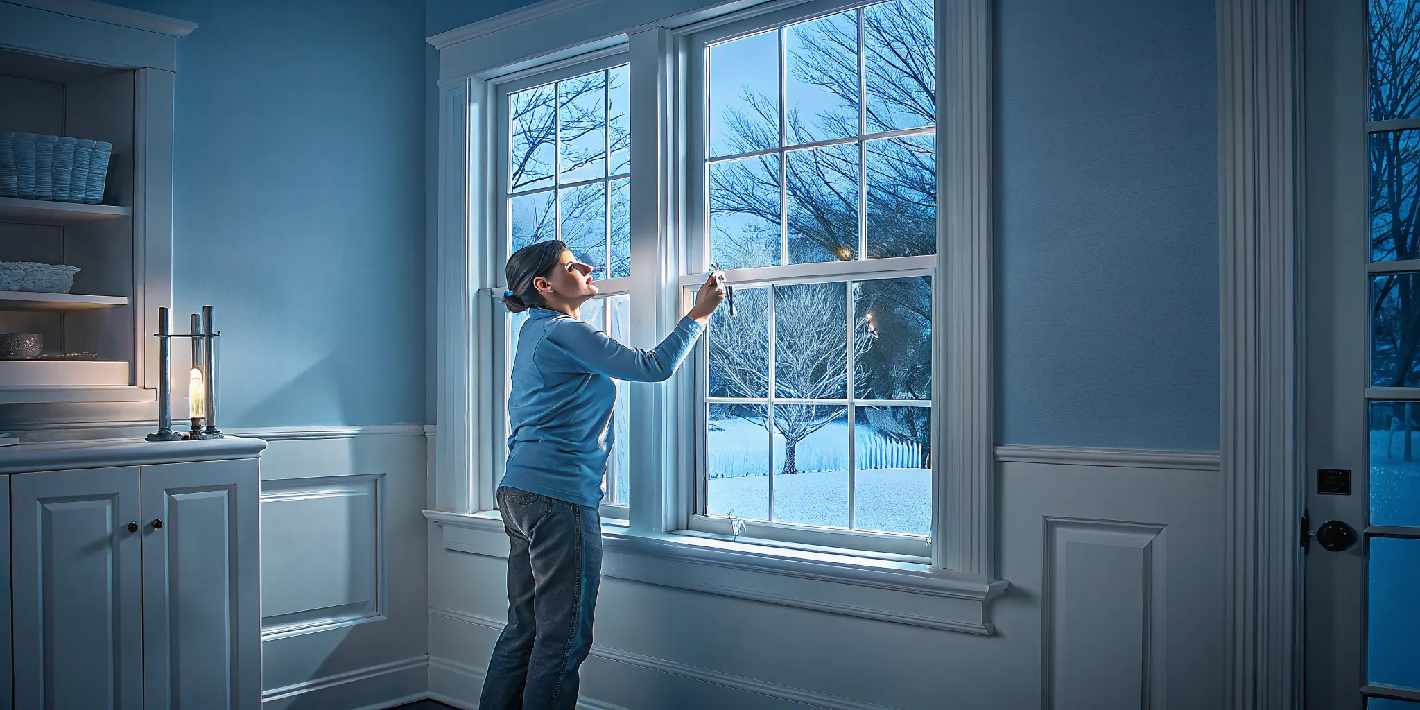 Homeowner safely checking drafty windows in winter NJ with a tissue strip