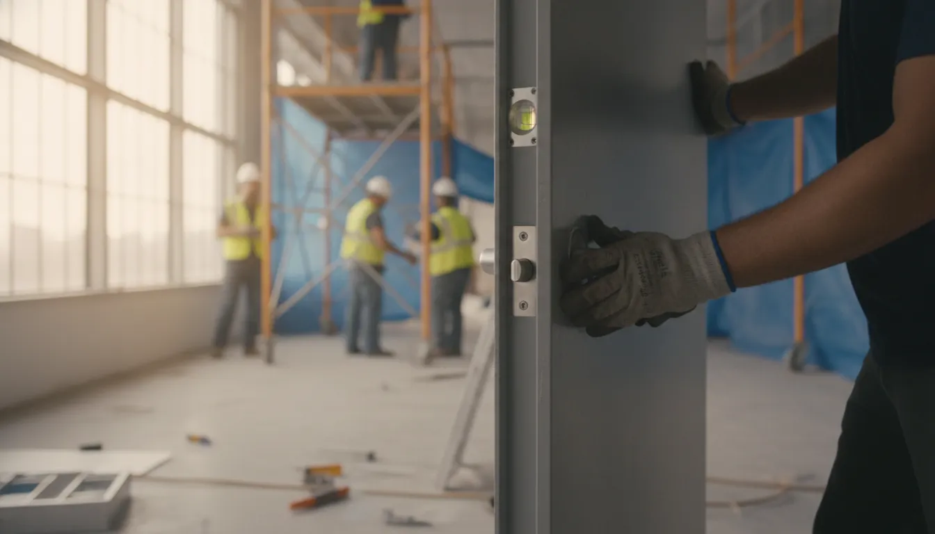 Installer checking hollow metal door alignment in a commercial building