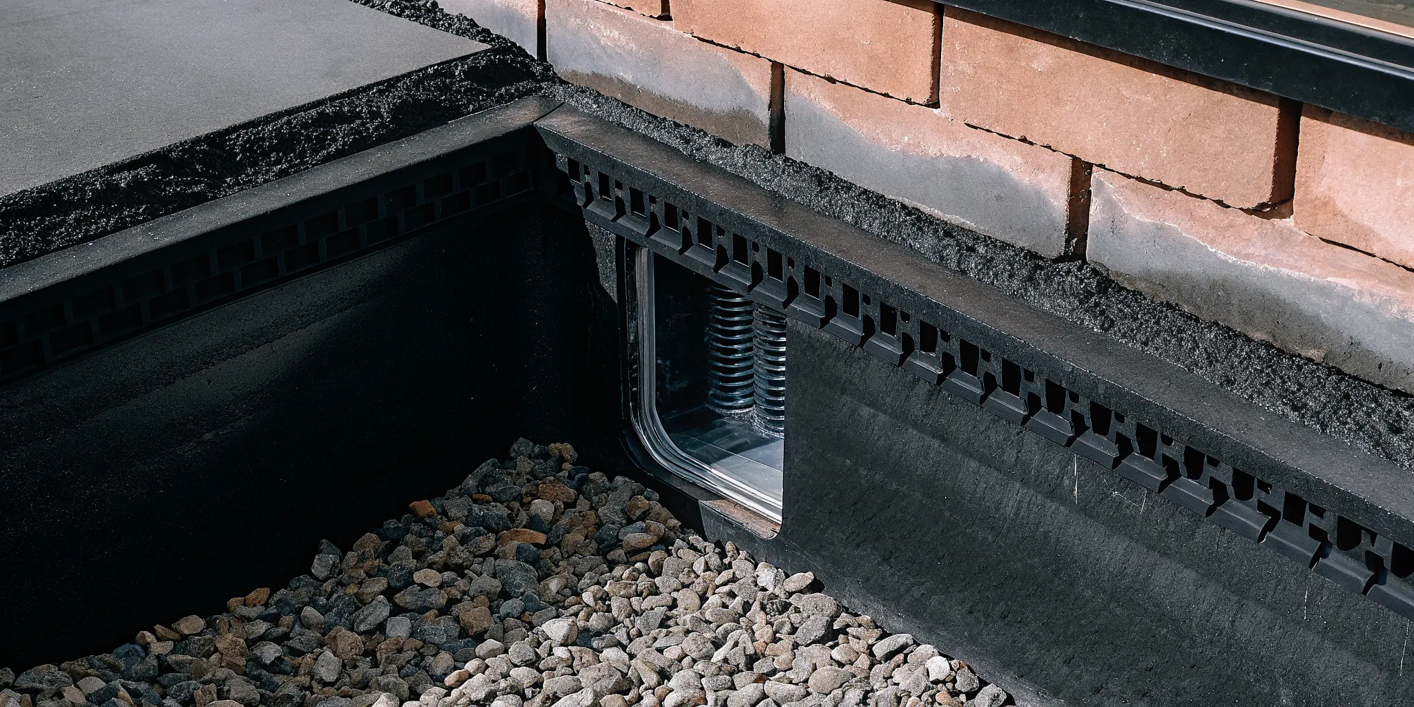 Cross-section diagram of an egress window well drainage system showing gravel base, perforated drain pipe, waterproof membrane, and window well cover