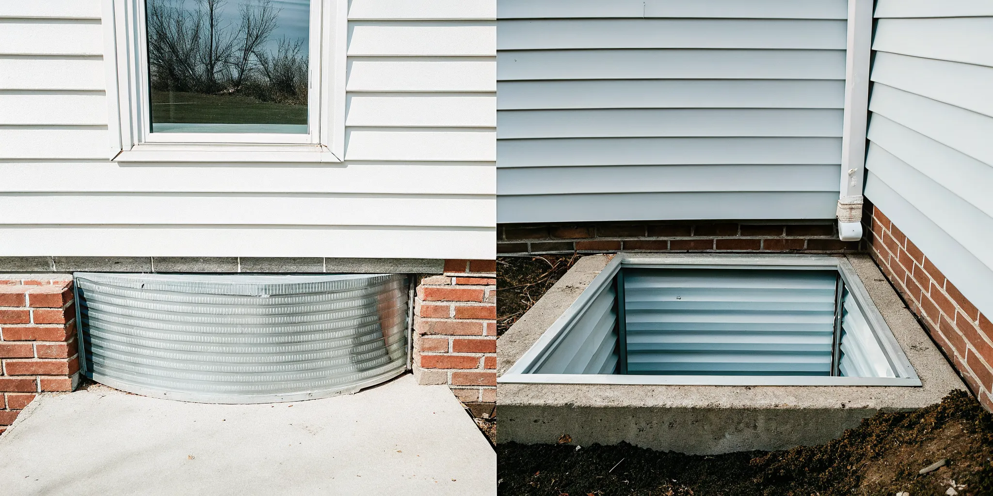 Three types of egress window wells shown side by side against a brick foundation: corrugated steel, smooth fiberglass, and poured concrete in a suburban backyard setting