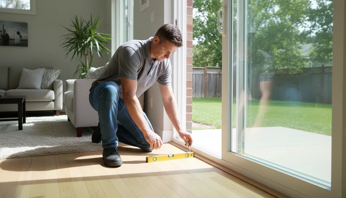 Contractor checking a sliding patio door track and lock before replacement in NJ