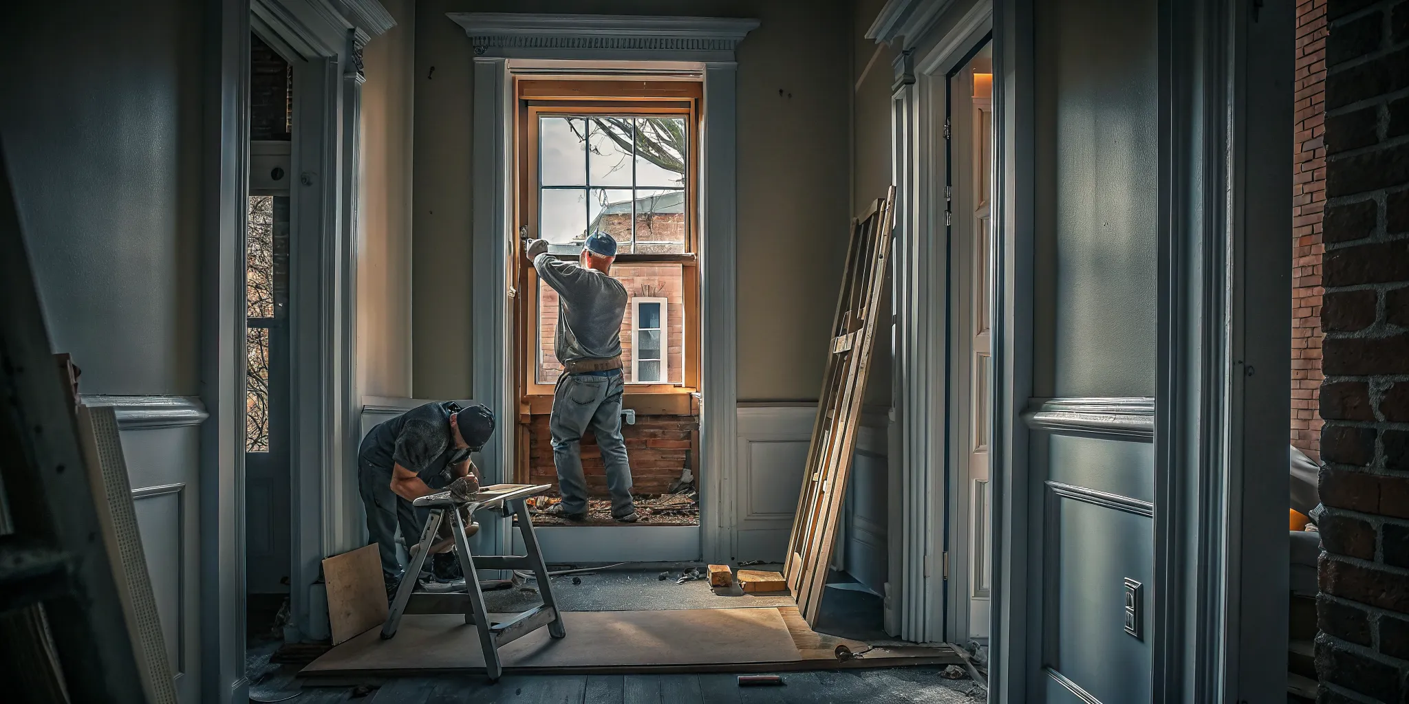 Craftsperson fitting replacement windows for a Philadelphia rowhome