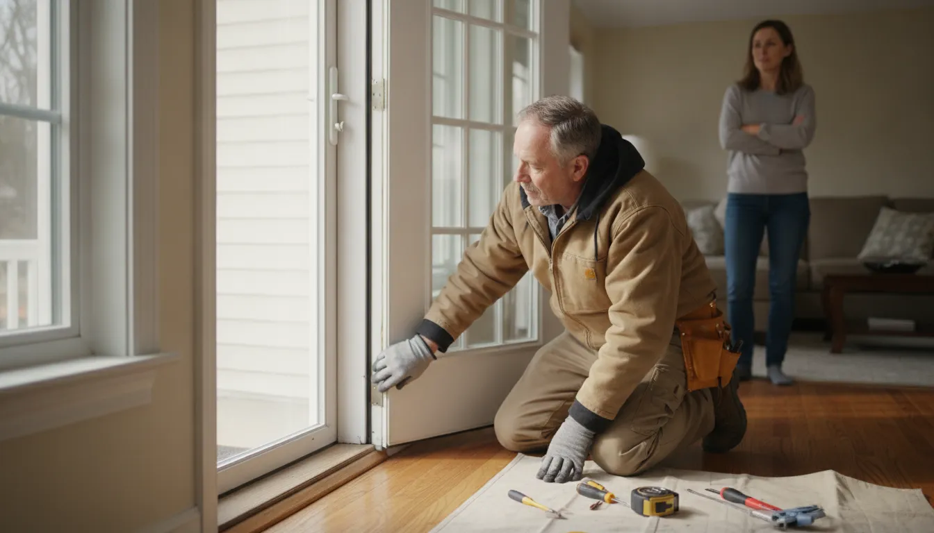 Contractor checking the fit and weather seal of a newly installed window and door in New Jersey