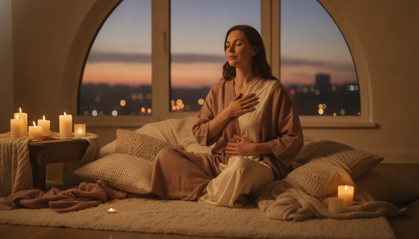 Woman practicing a nervous system reset after divorce with grounding touch in a calm room