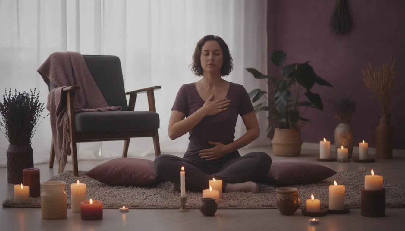 Woman practicing somatic meditation for women with one hand on her heart in a calm room
