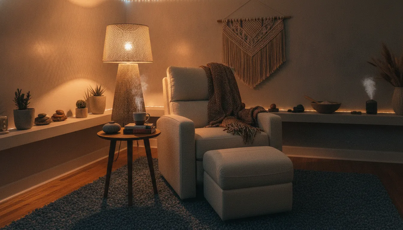 A quiet, peaceful wellness room with a comfy chair and warm light, perfect for co-regulation and somatic exercises.