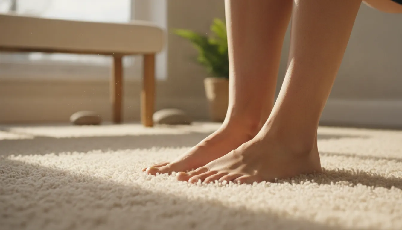 Grounding somatic practice showing feet resting flat on a soft cream carpet in a peaceful, sunlit workspace.