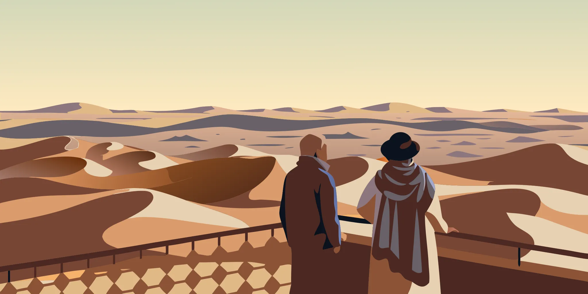 Travellers watching warm evening light over Morocco's Sahara dunes