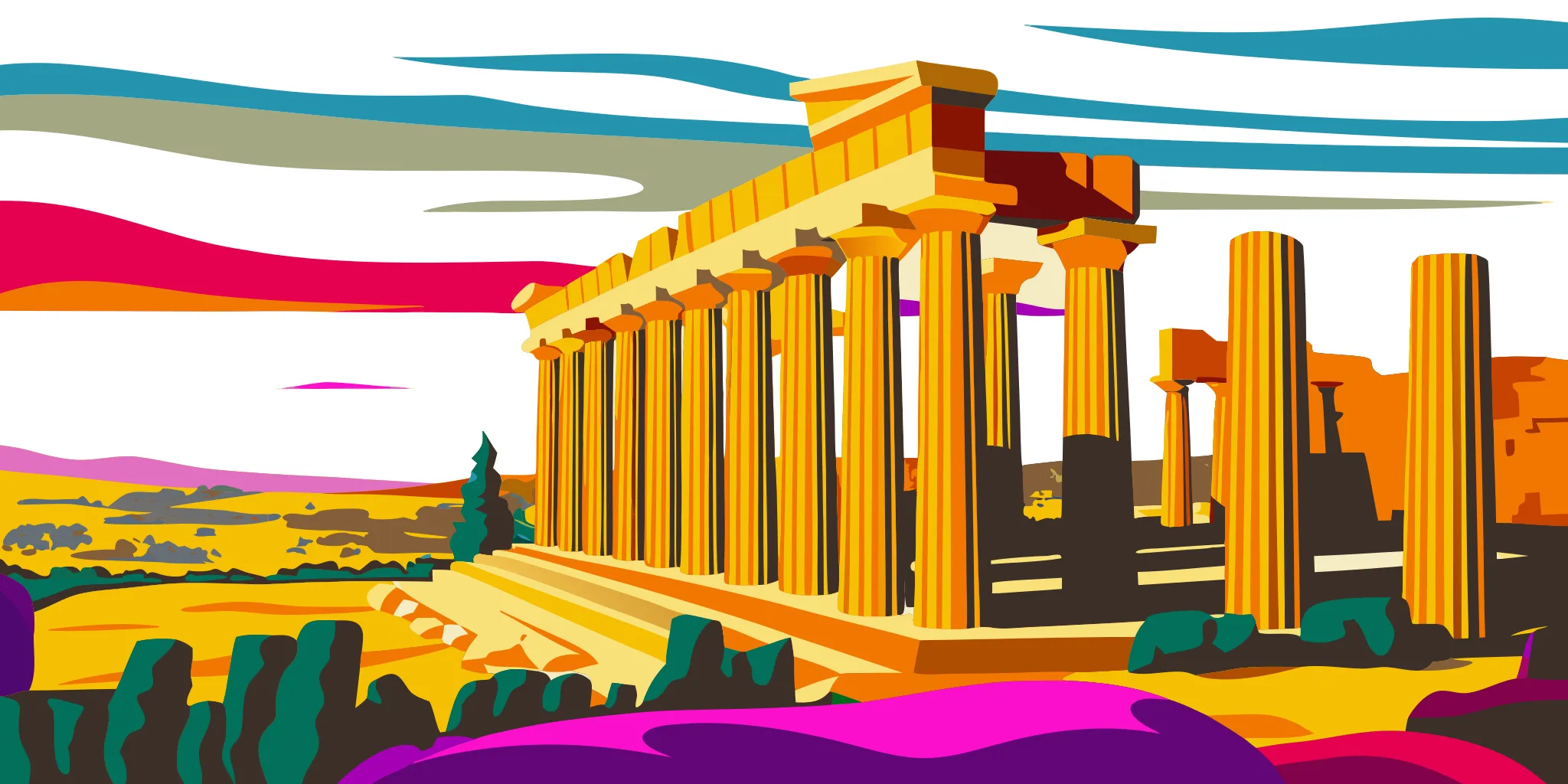 Ancient Greek columns at the Valley of the Temples in Agrigento Sicily under a bright blue sky
