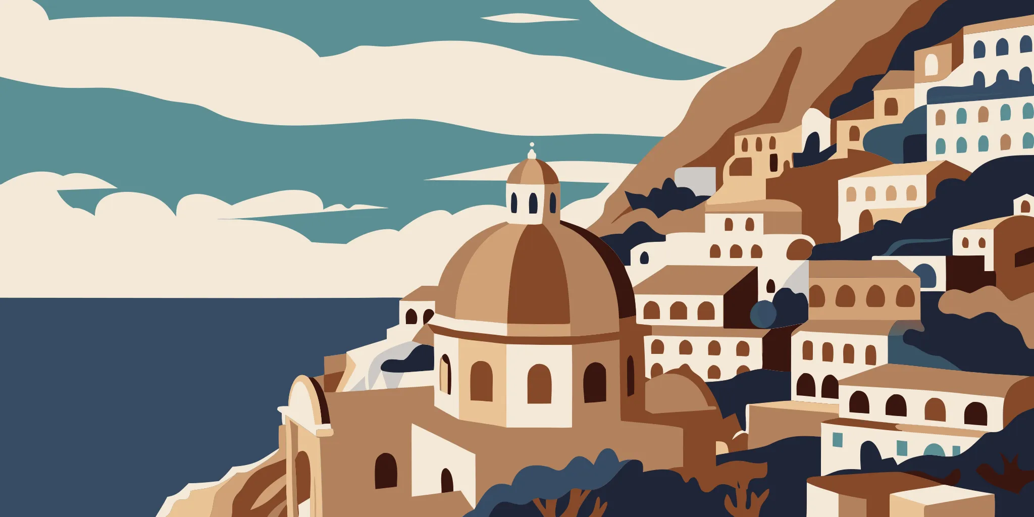 Colourful pastel buildings of Positano cascading down cliffs to the Mediterranean Sea on the Amalfi Coast