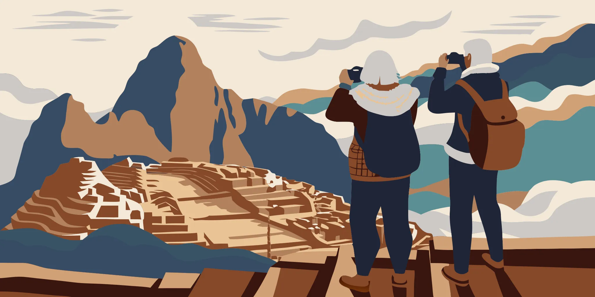 Senior travellers wearing practical layers at Machu Picchu