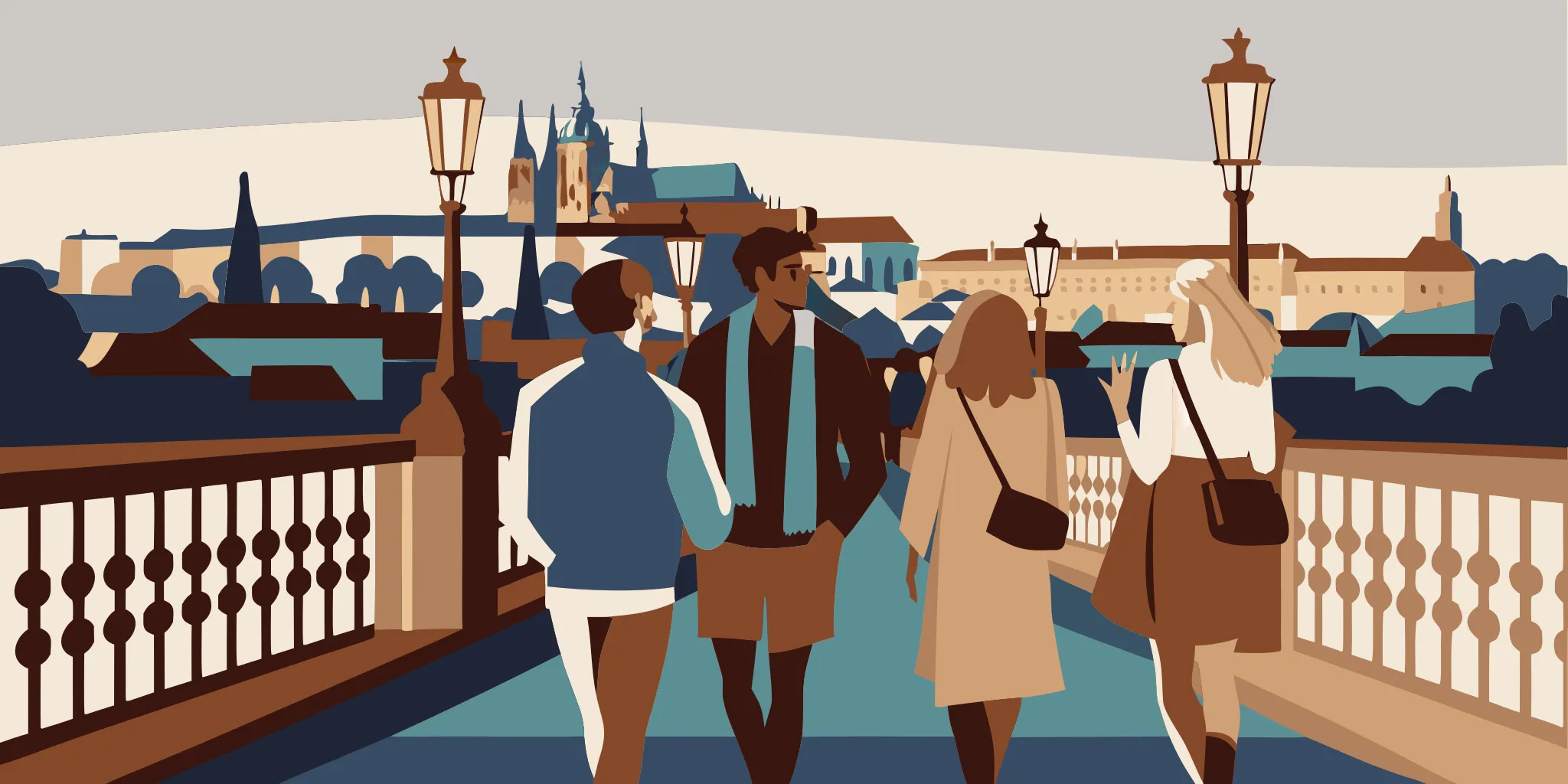 Small group of travellers walking across Charles Bridge in Prague at golden hour with the castle in the background