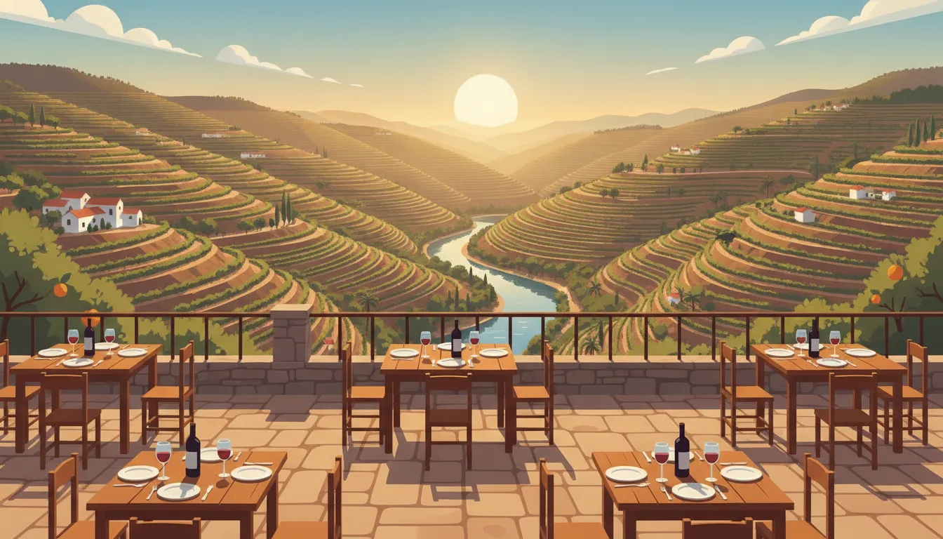 A sunlit stone terrace at a Portuguese wine quinta overlooking the terraced Douro Valley vineyards