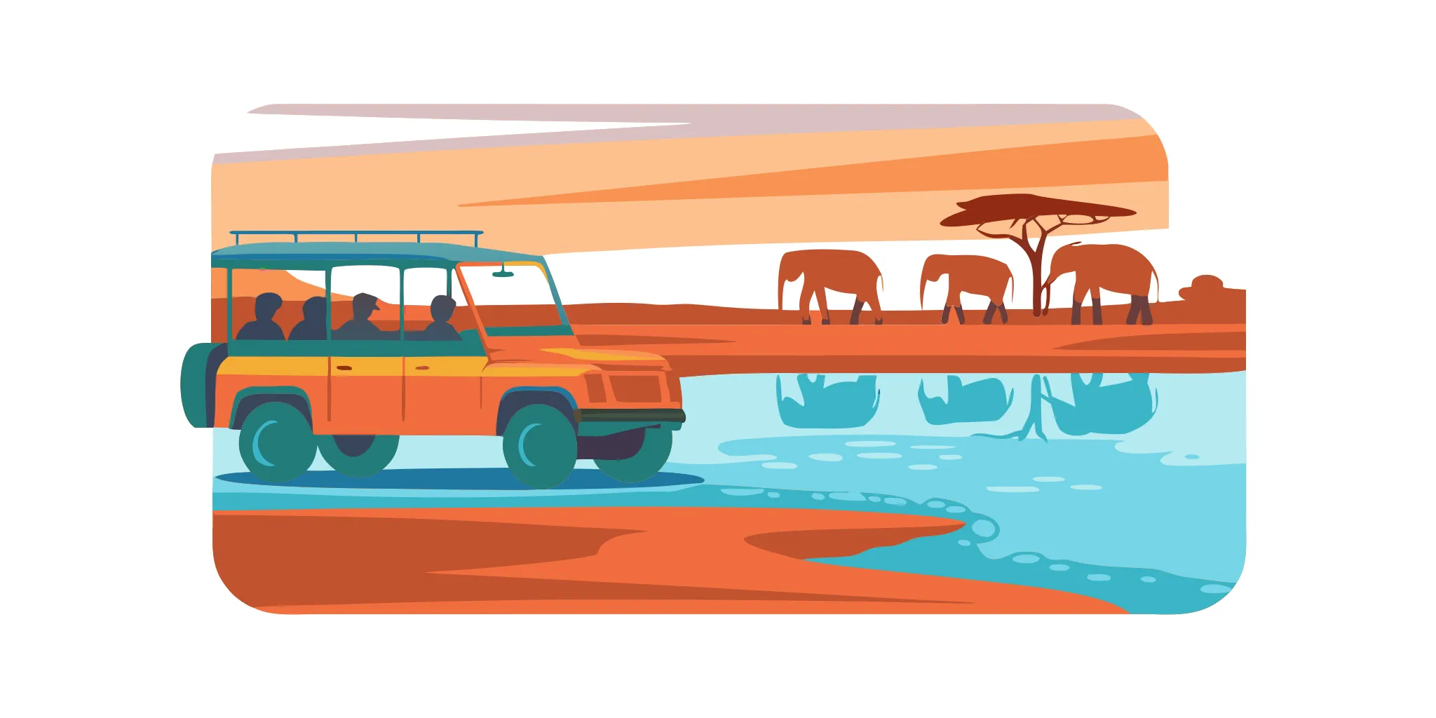 A safari vehicle near a watering hole in Kruger National Park at golden hour with elephants drinking