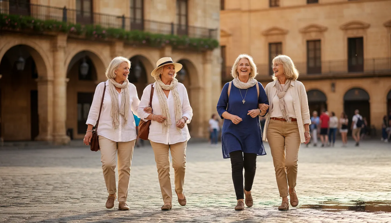 Senior women friends enjoying a sunny small group cultural tour