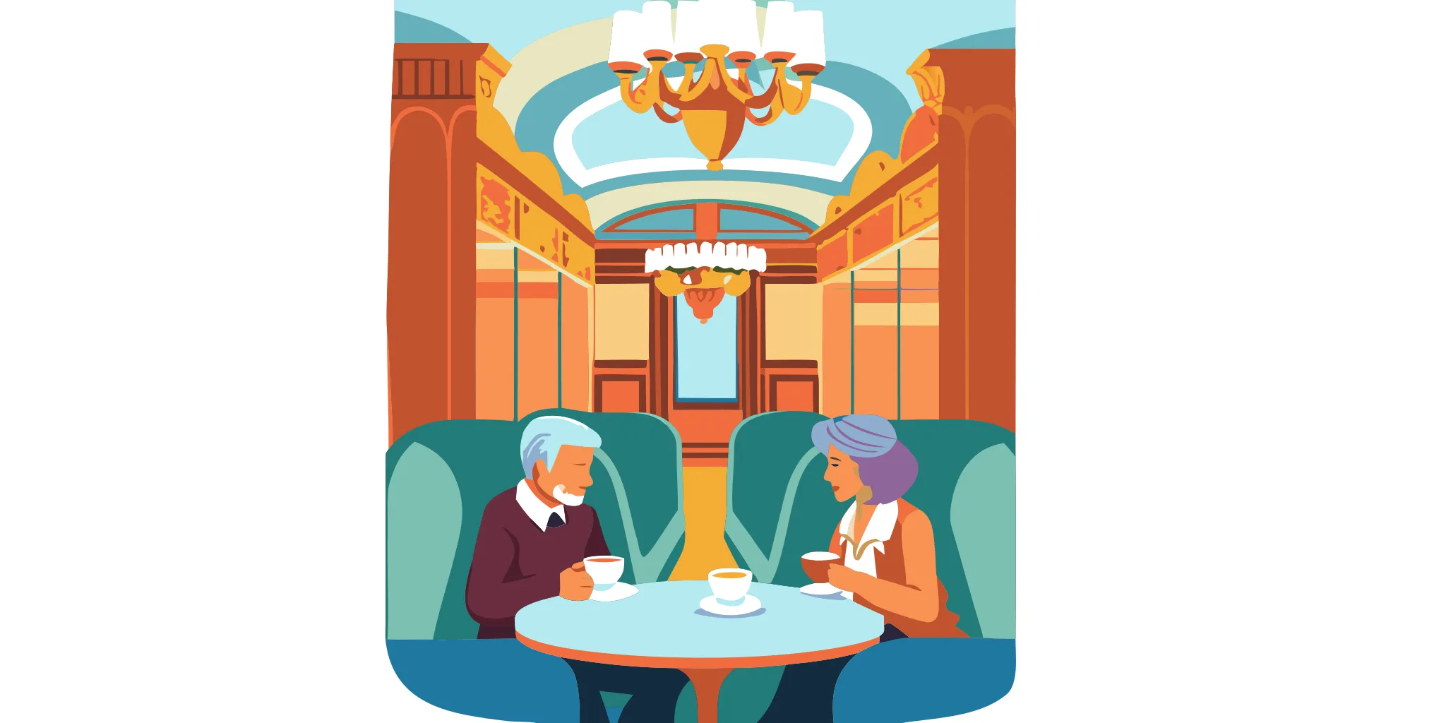 Elegant Viennese cafe interior with mature couple enjoying coffee in a historic setting