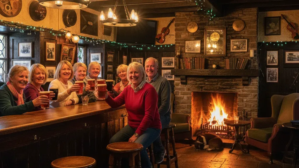 Travellers enjoying a warm evening inside a traditional Irish pub with cozy lighting
