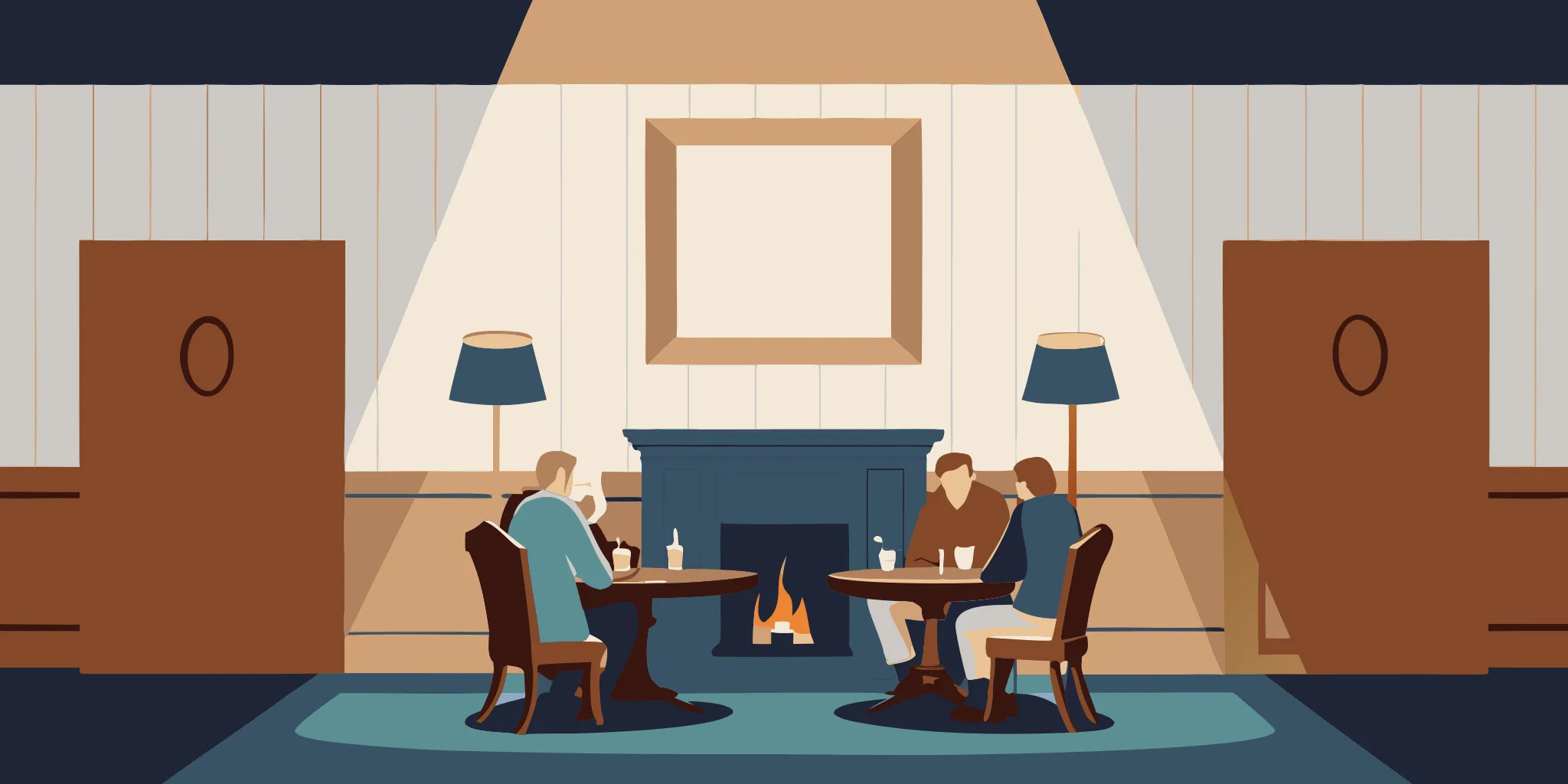 A group of mature Canadian travellers enjoying a warm meal in a cozy traditional Irish pub with stone walls and a peat fireplace