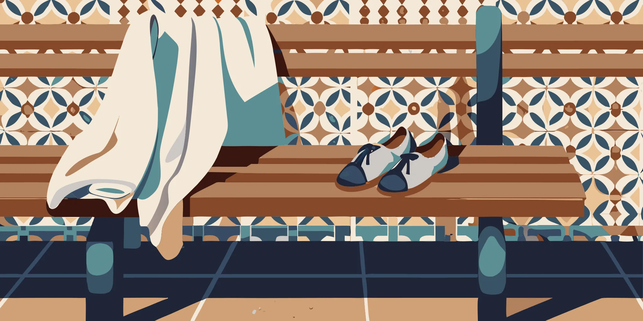 Comfortable, broken-in walking shoes beside a Lisbon tile wall, a key item on any Portugal packing list