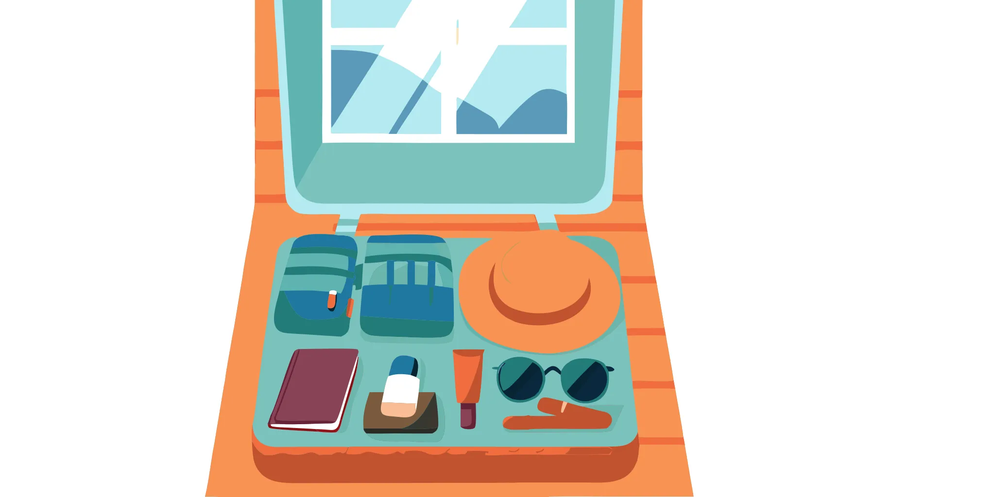 Travel day bag with sunscreen, sunglasses, a hat and a Type C adapter for your Portugal packing list
