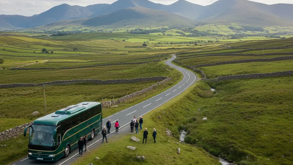 Comfortable touring coach on a scenic Irish countryside road with rolling green hills and stone walls