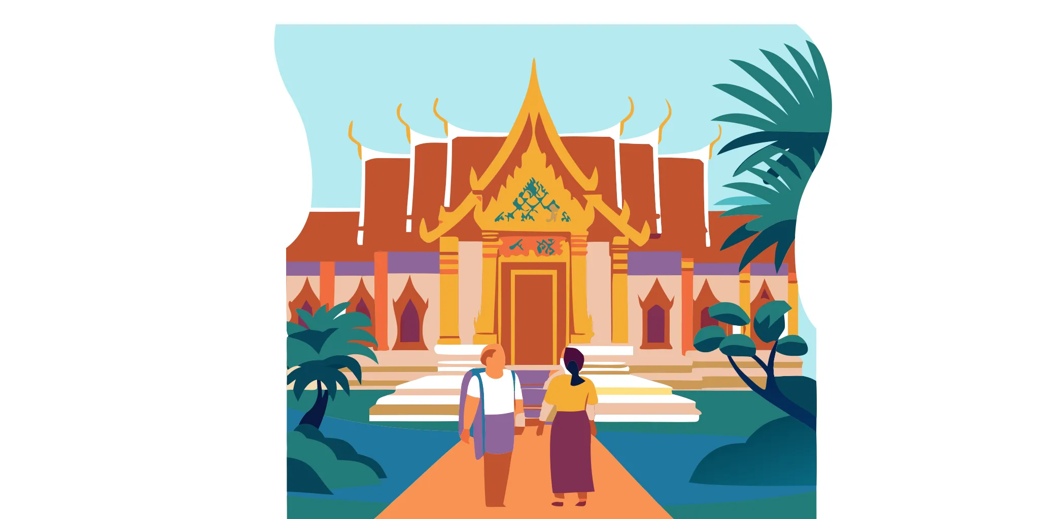 Senior travellers exploring a Thai temple with a local guide