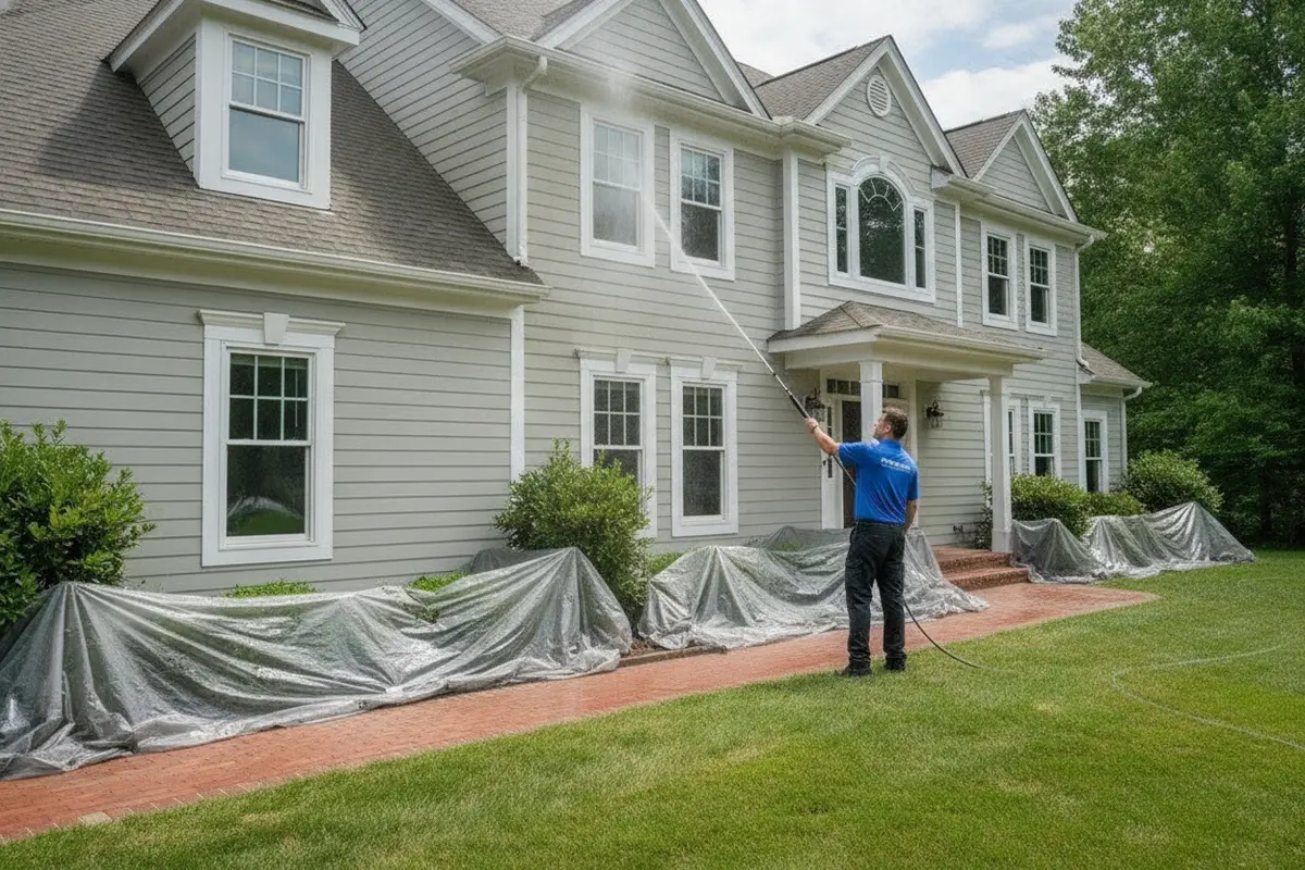 A Long Island home's siding receiving a gentle pre-listing soft wash