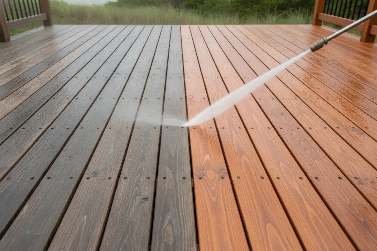 A restored Brazilian hardwood deck beside a Long Island coastal home