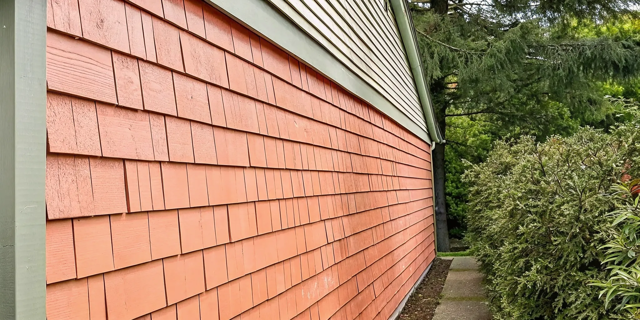 Organic growth beside gently cleaned cedar wall shingles on a Long Island home